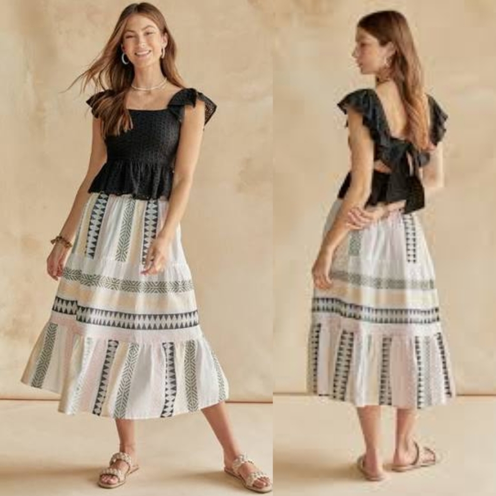 NWT Francesca's Ashlynn Embroidered Midi Skirt